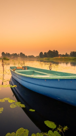 Blue boat on a lake at sunset