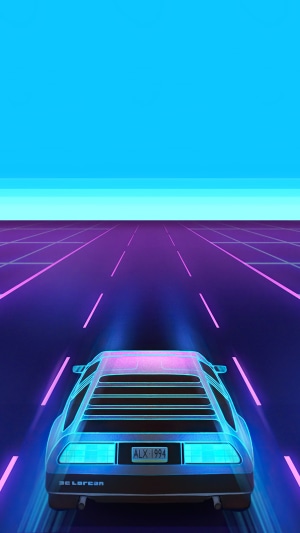 Delorean driving on a neon grid road