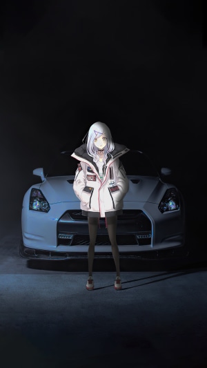 Anime girl in jacket with Nissan GTR