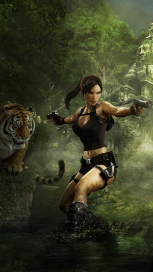 Lara Croft from Tomb Raider with a tiger in a jungle