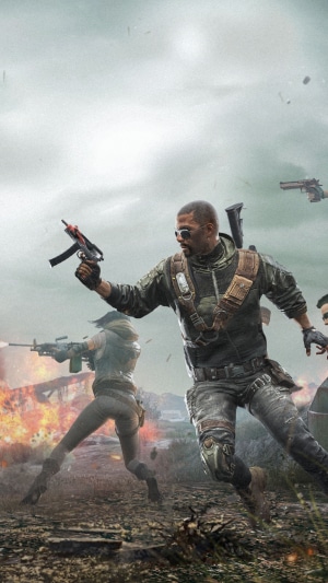 Soldiers in a firefight with explosions