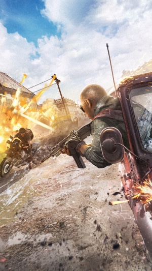 PlayerUnknown's Battlegrounds character in a vehicle with explosion