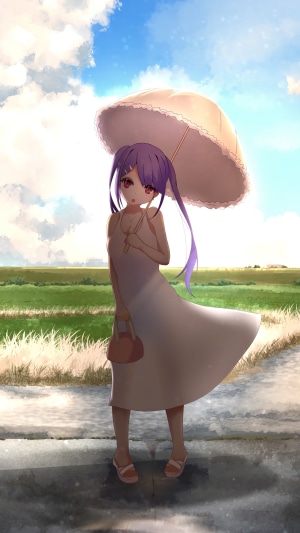 Anime girl with purple hair holding an umbrella