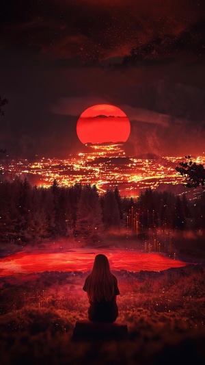Digital art of a person watching a red sun over a city