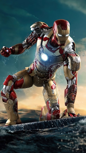 Iron Man in a dynamic pose on the water