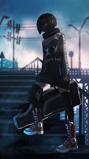 Anime girl with mask and rifle case