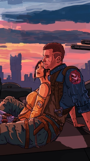 Couple in cyberpunk city at sunset