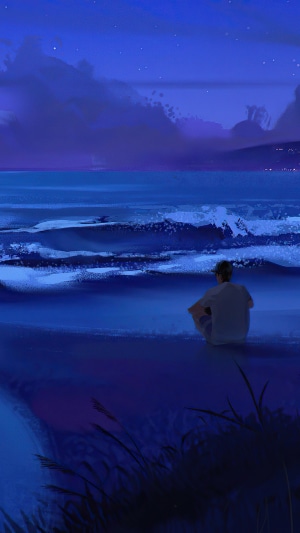 Digital art of a person sitting by the ocean at night