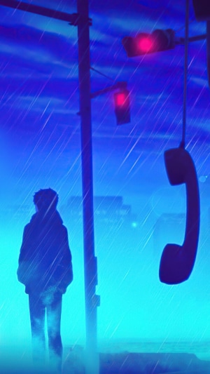 Silhouette of a person in the rain with a hanging phone receiver
