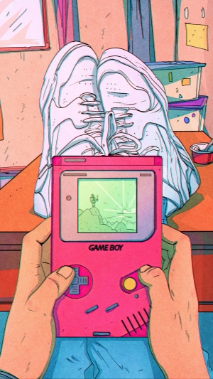 Person playing a pink Game Boy with white sneakers