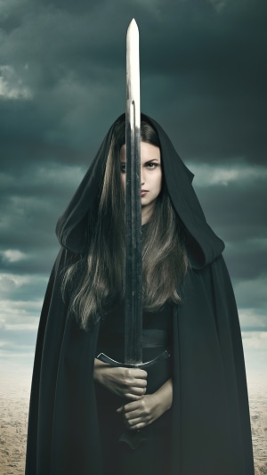 Woman in black cloak holding a sword