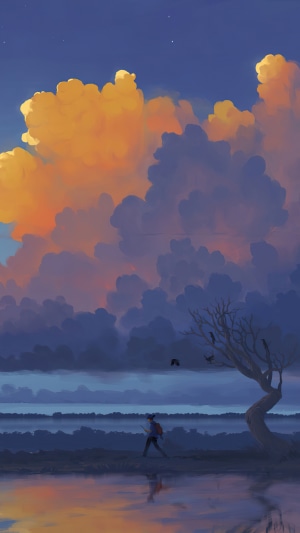 Digital art of a person walking by a lake at sunset