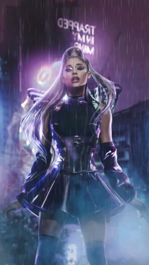 Ariana Grande in a futuristic outfit in the rain