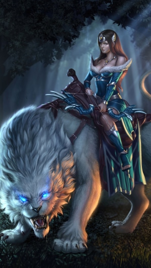 Selemene from Dota 2 riding a white lion