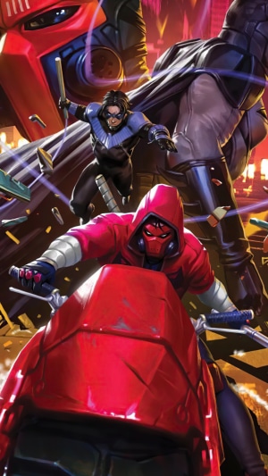 Red Hood and Nightwing on motorcycles