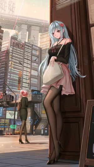 Anime girl with blue hair in a city