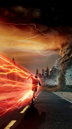 The Flash running through a city with a tornado
