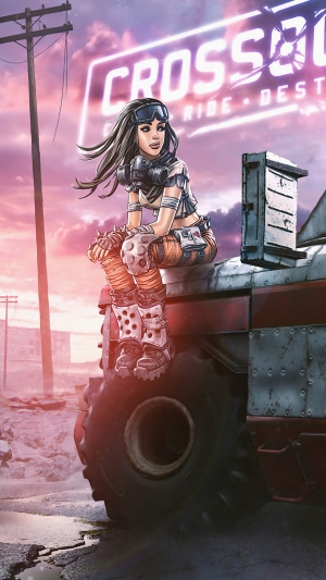 Woman in post-apocalyptic gear sitting on a vehicle