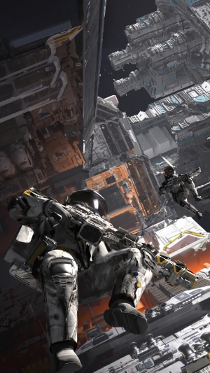 Astronauts in a futuristic space station