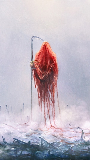 Grim Reaper with Scythe in a Red Hood
