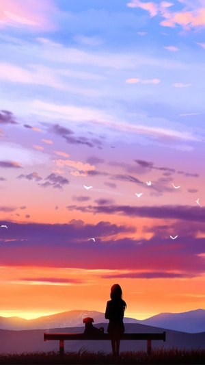 Anime girl and dog watching sunset