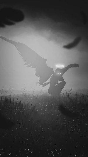 Angel with glowing eyes in a foggy field