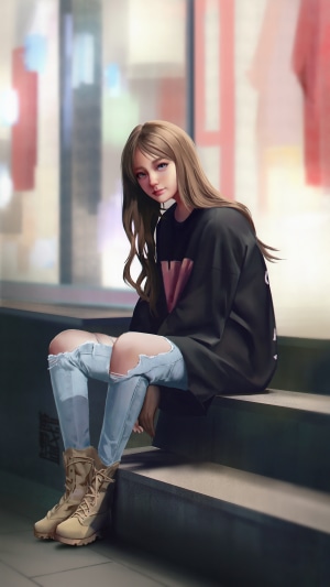 Girl in ripped jeans and oversized shirt sitting on steps