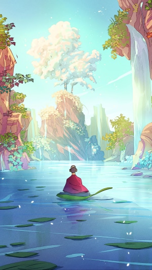 Person meditating on a leaf in a tranquil landscape
