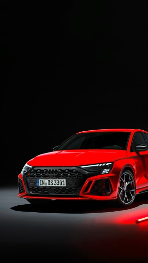 Red Audi RS3 with license plate IN RS 3301