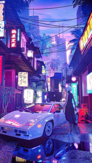 Cyberpunk City Street with Sports Car and Woman 4K