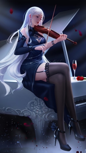 Woman playing violin on a piano