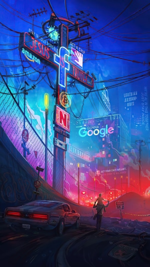 Jesus, Facebook, Google, and Amazon neon cross