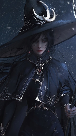 Anime witch with dark attire and moon adornments
