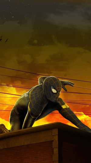 Spider-Man in Black and Gold Suit on Rooftop