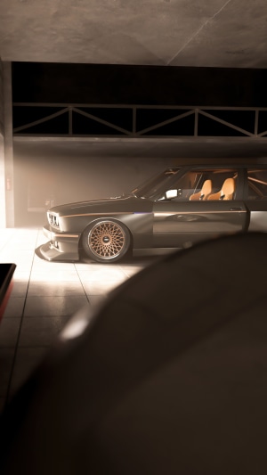 BMW E30 in a garage