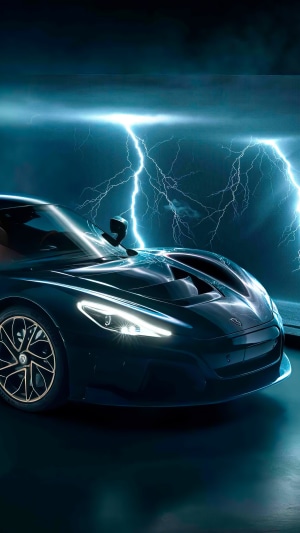 Rimac Nevera electric car in lightning storm 4K