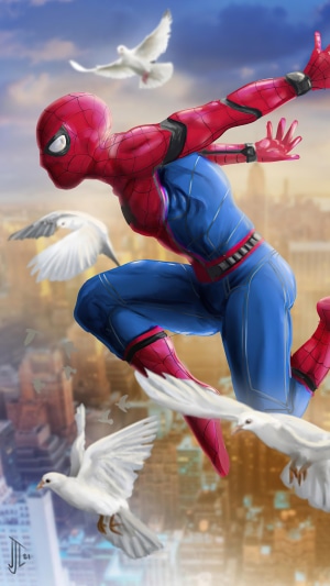 Spider-Man leaping through the city with doves