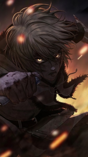 Anime boy with glowing eyes holding a knife