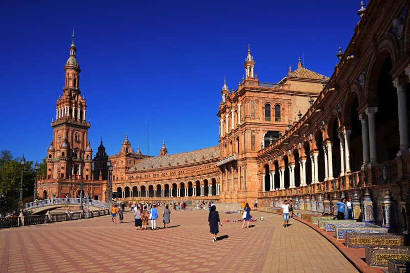 Plaza de España in Seville, Spain with people