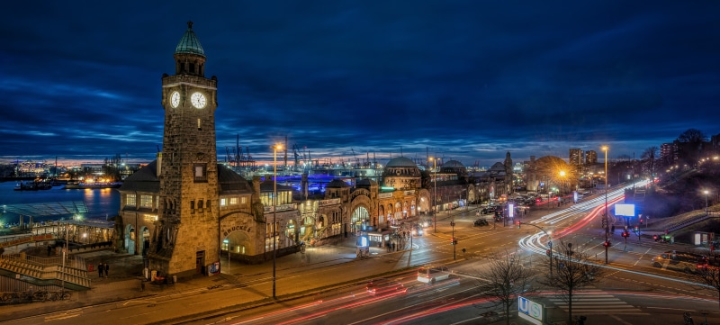 Hamburg Germany at Night with Clock Tower and Port