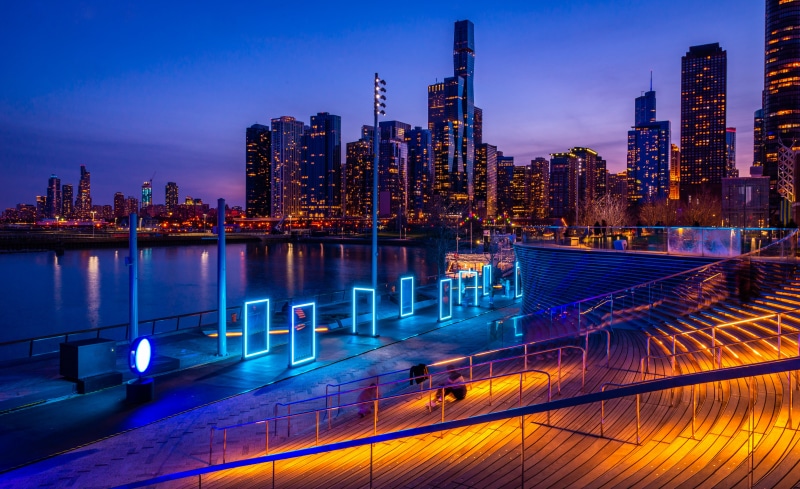 Chicago City Skyline at Night with River and Neon Lights