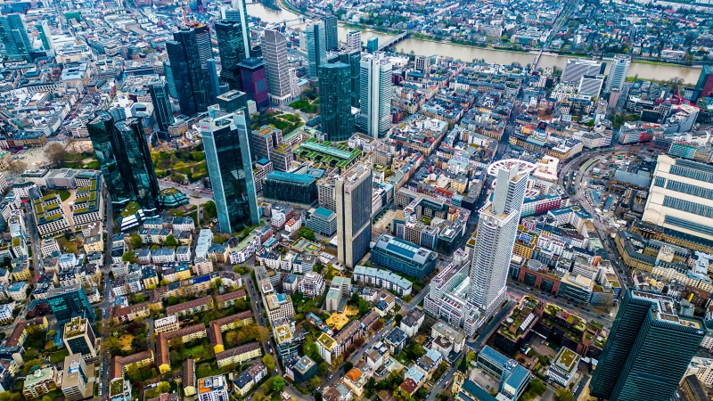 Aerial view of Frankfurt skyline and cityscape