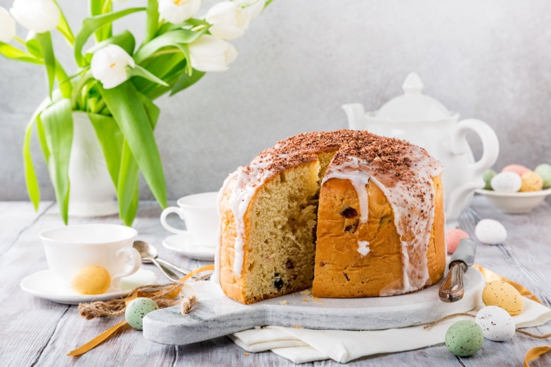 Easter Kulich with Tulips and Eggs