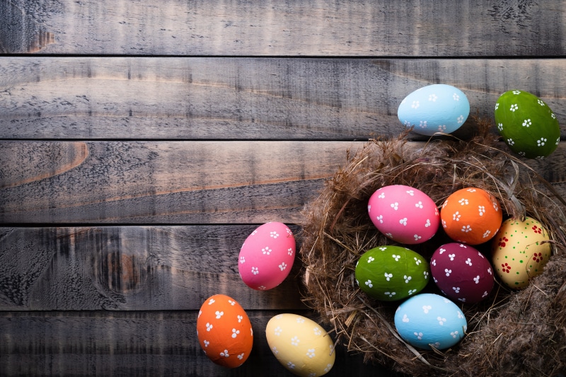 Easter Eggs in a Nest on Wood Planks