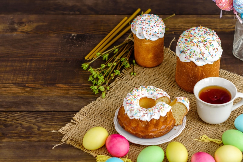Easter Kulich cakes with tea and eggs