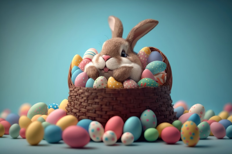 Easter bunny in a basket with colorful eggs