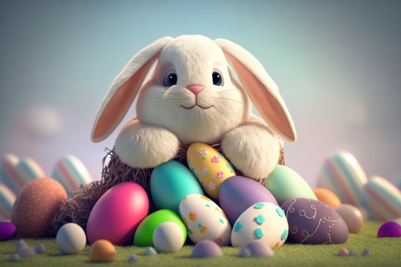 Easter Bunny with Decorated Eggs in a Nest