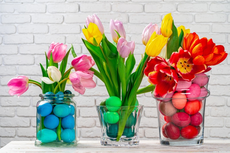 Easter Tulips and Eggs in Vases