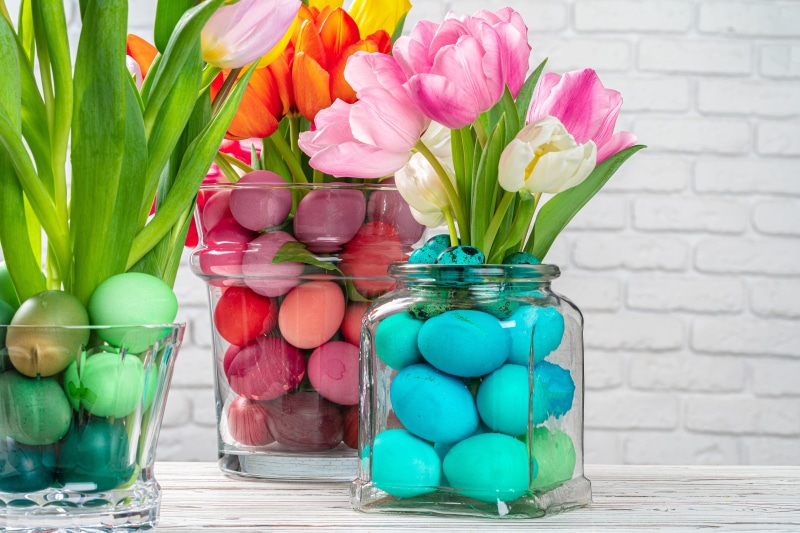 Easter Tulips and Eggs in Jars
