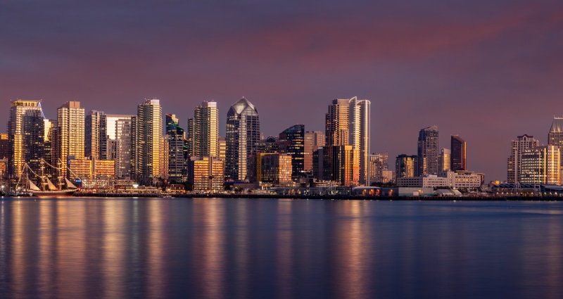 San Diego skyline at sunset with reflections